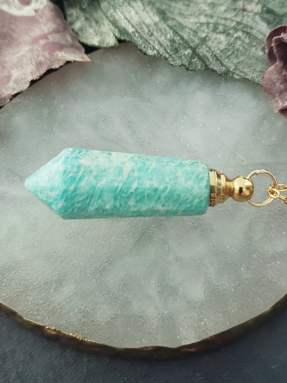 Amazonite Crystal Perfume Bottle Necklace Locket Gold Color Stainless Chain